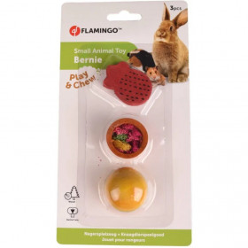 Kомплект играчки за гризачи и малки животни  Flamingo SAT BERNIE WOOD + LOOFAH 3 бр. изработена от борова дървесина и луфа, идеална за дъчене